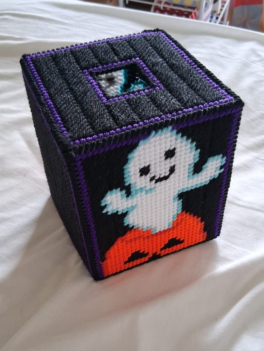 Plush Ghost Pumpkin Tissue Box Cover – Black, White, Orange